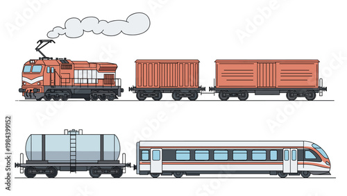 Detailed set of different trains including industrial freight cargo cars and modern high speed passenger commuter train on tracks.