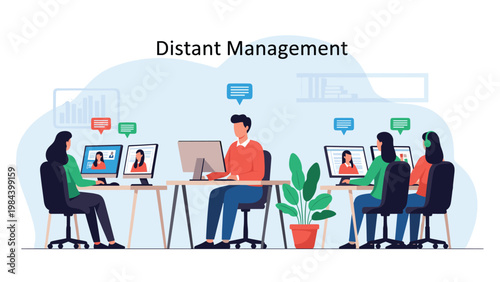 Office team practicing distant management by communicating with remote colleagues through video conference calls on computers.