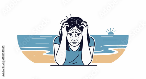 Stressed person with hands in hair on a beach with setting sun