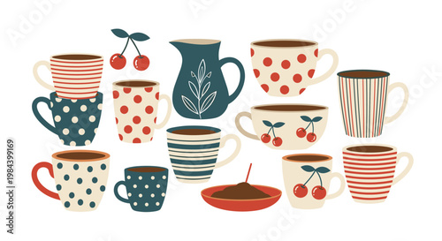 Assorted collection of patterned coffee mugs and tea cups with cherries and a small jug on a white background.