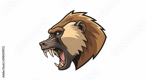 Stylized cartoon illustration of a snarling primate with sharp fangs bared
