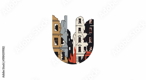 Stylized illustration of war-torn buildings against a white backdrop