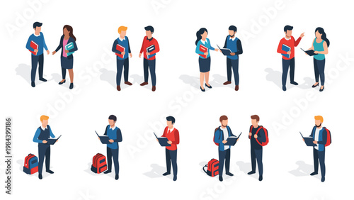 Collection of diverse young students standing together in groups talking and carrying academic books and backpacks for studies.