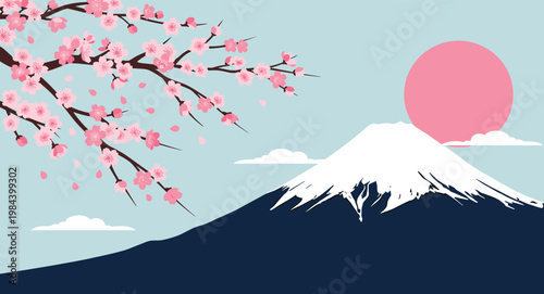 Mount Fuji Landscape with Sakura Blossom Branch and Rising Sun Japanese Minimal Scenic Nature Background Illustration