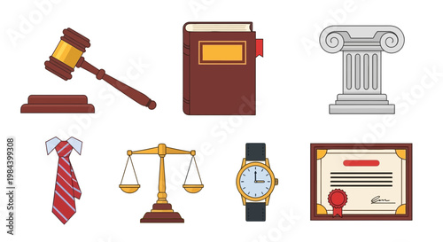 Legal Office Icons Set - Gavel, Contract, Scales, Column, Tie, Watch, Certificate