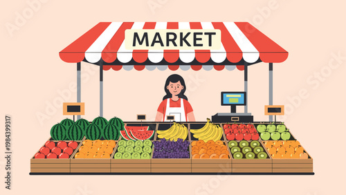 Outdoor fruit market stall with female vendor selling fresh organic fruits including watermelon bananas and oranges under canopy.