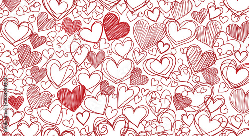 Seamless pattern background filled with many hand drawn hearts in different styles and sizes in red and black.