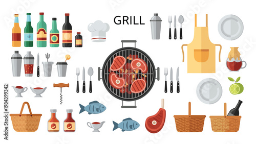 Large set of barbecue grill party items including assorted meat steaks drinks picnic baskets and cooking utensils for outdoors.