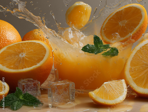 Oranges and Refreshing Splash: A vibrant composition showcasing the refreshing coolness of orange juice, complemented by the perfect slices of orange, ice cubes and fresh mint leaves.