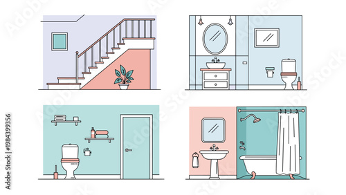 Detailed collection of home interior room designs featuring elegant staircase modern bathroom layouts and minimalist living spaces.