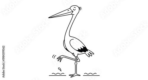 Simple black and white line drawing of a stork standing on one leg in the water with a calm expression.