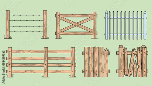 Collection of various fence designs including traditional wooden farm rails barbed wire and modern metal pickets for security.