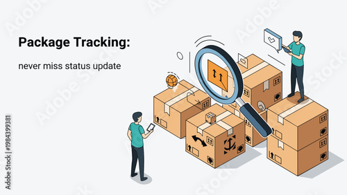 Delivery service workers track shipping status of cardboard boxes using mobile application and large magnifying glass tool.