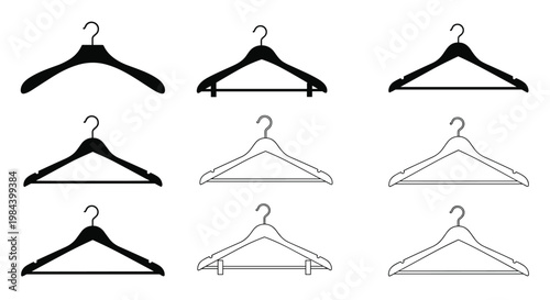 Collection of nine clothes hanger icons in various styles including solid black and outline versions on white.