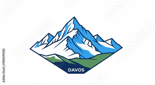 Stylized mountain peaks with snowy caps over green hills in a diamond shape