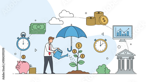 Businessman nurtures financial growth by watering money plant under protective umbrella surrounded by banking and investment icons.