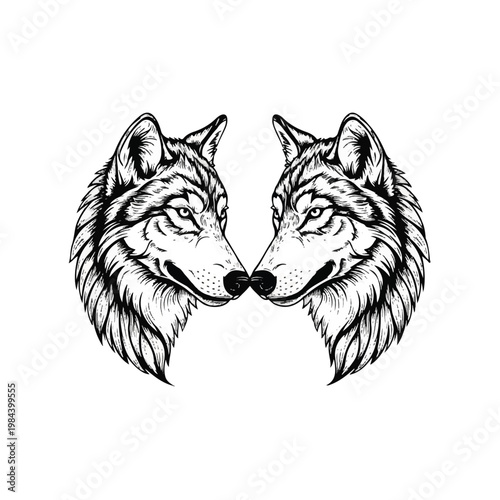 Detailed illustration of two wolf heads 1.
