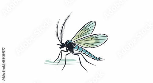 Stylized illustration of a blue and teal insect with iridescent wings