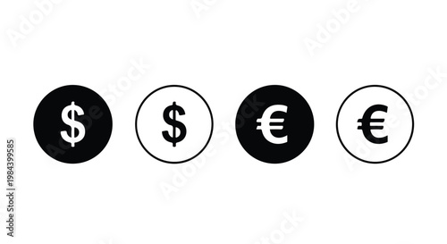 Simple visual representation of different currency symbols including dollar euro and cent signs in black and white icons