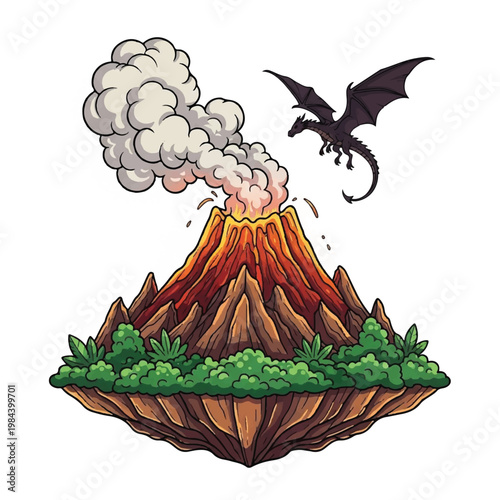 Dragon flying over erupting volcano.