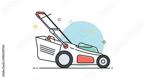 Modern white and red electric lawnmower with a grass collector bag for garden maintenance and care.