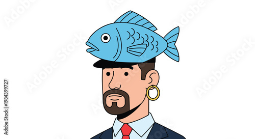 Cartoon portrait of a man in a blue suit and red tie wearing a large blue fish instead of a hat on his head.