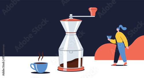 Large vintage coffee grinder with a blue cup of hot coffee and a woman holding a small cup in the background.