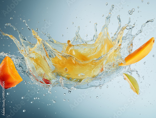 Juicy Splash: Capturing the vibrant essence of summer, a juicy mango slices collide with water, creating a stunning splash that embodies freshness, vitality, and the pure pleasure of indulgence.