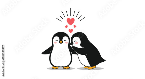 Two cute penguins standing close together with red hearts above them showing love and affection for each other.