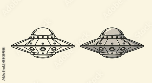 Two futuristic silver UFO flying saucer spaceships shown in different styles with metal rivets and lights.