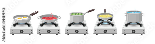 Cooking Various Dishes on Gas Stoves. Cooking Different Dishes on Gas Burner. Set of kitchen stove food.
