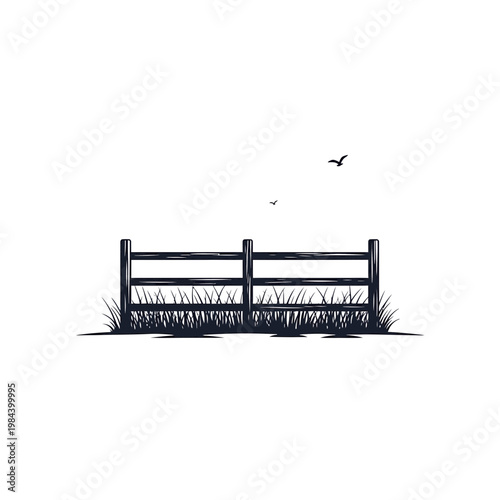 Rustic Wooden Fence Illustration with Grass and Birds Silhouette
