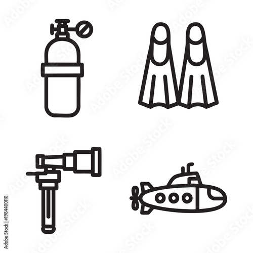 Deep Sea Diving Bold Line Art icon set with Scuba Tank Fins Periscope Submarine