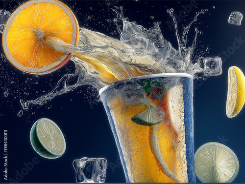 Zesty Burst: A vibrant and refreshing fruit cocktail is captured in a dynamic splash, with citrus fruits and ice cubes. The scene is both inviting and invigorating.