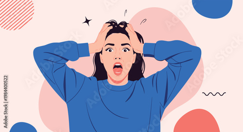 Shocked young woman wearing a blue sweater holding her head in surprise with her mouth wide open against a colorful abstract background.