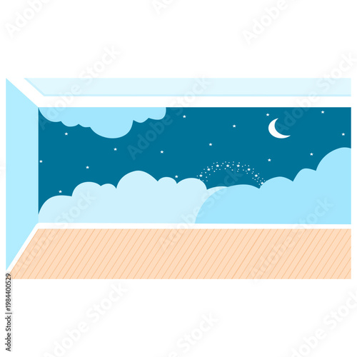 Empty room with cartoon night sky with moon and stars
