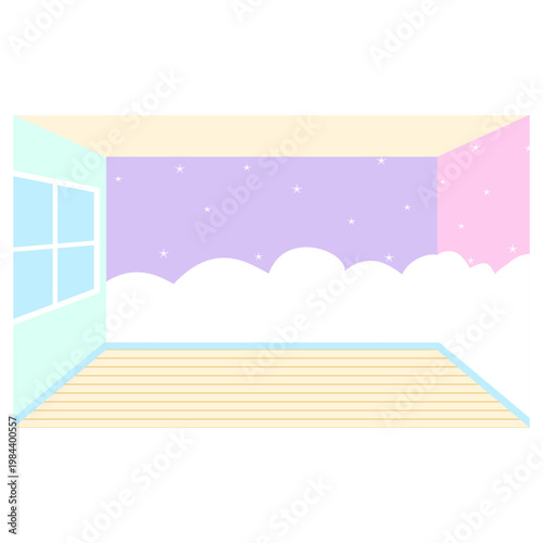 Dreamy room with starry sky and clouds
