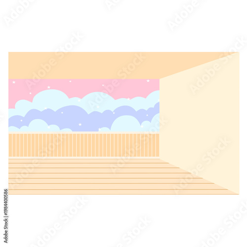 Empty room with dreamy sky with clouds and stars