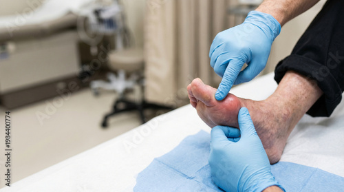 Gout attack on swollen red toe during medical exam in clinic