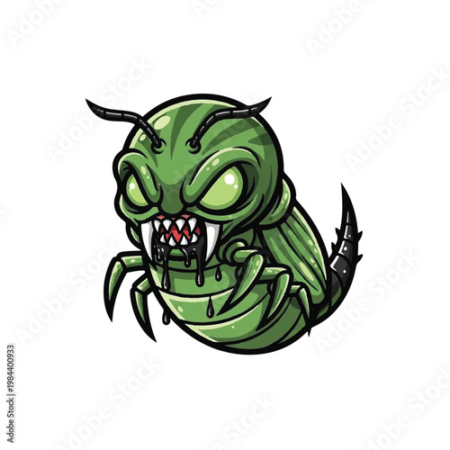 Green cartoon insect with sharp teeth.