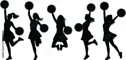 Cheerleader silhouettes jumping with pom poms, energetic dance poses vector illustration, team spirit performance collection