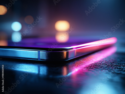 Illuminated phone at night: A close-up shot of a modern smartphone resting on a reflective surface, its screen emitting vibrant hues of purple and blue amidst a backdrop of blurred city lights.