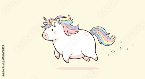 Adorable chubby unicorn with a rainbow mane and tail jumping happily against a soft pale yellow background with sparkles.