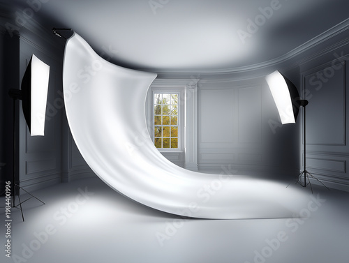 Elegant Studio Setup: A minimalist studio space comes alive with dynamic lighting, featuring a flowing fabric against the backdrop of a bright window.