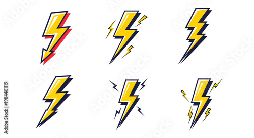 Set of dynamic yellow lightning bolt icons with shadows and sparks to represent power, energy, or electrical charge.