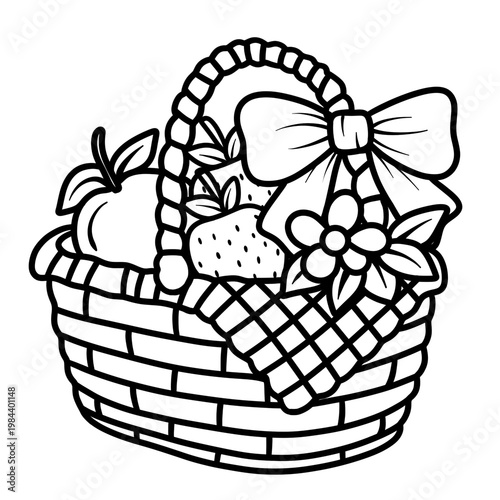 Cute Wicker Fruit Basket Colouring page Black Outline Hand Drawn Clipart.