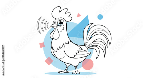 Cheerful illustration of a white rooster crowing with sound waves and abstract shapes in the background for a morning theme.