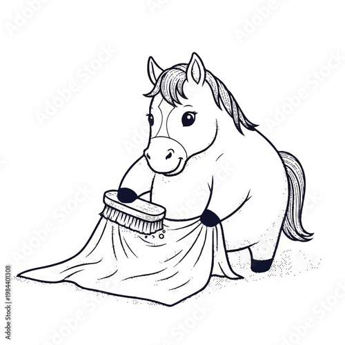 Horse with a brush and cloth.