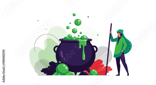 Illustration of a witch in a green cloak standing next to a large black cauldron with bubbling green liquid and magic vapors.