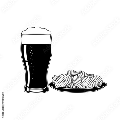 Glass of Dark Beer and Plate of Potato Chips Vector Illustration